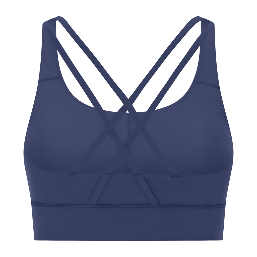 Off Script Women’s Strappy Criss-Cross Sports Bra - Royal Blue back 3D mockup
