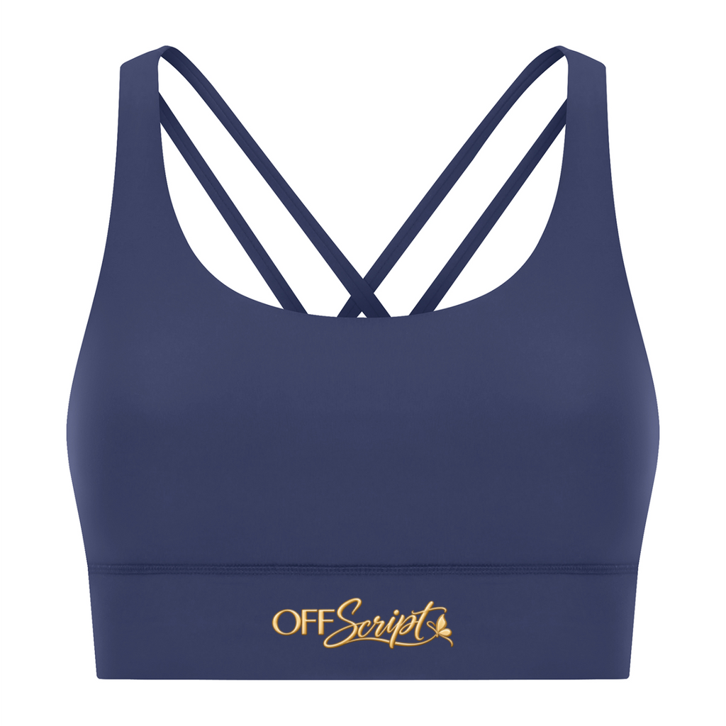 Off Script Women’s Strappy Criss-Cross Sports Bra - Royal Blue front 3D mockup