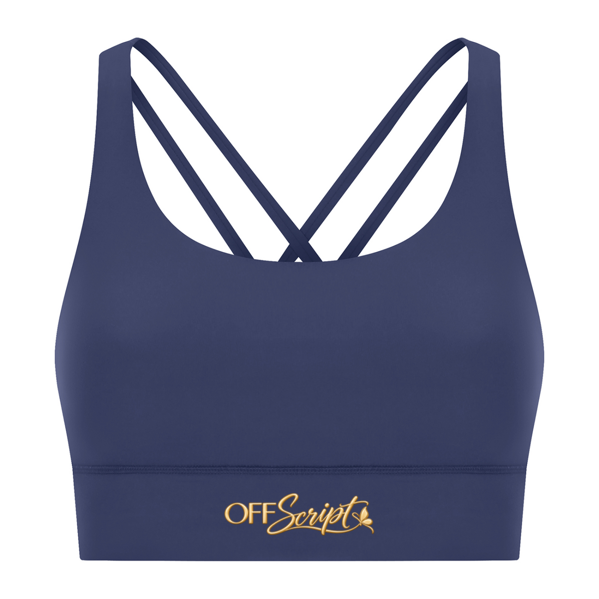 Off Script Women’s Strappy Criss-Cross Sports Bra - Royal Blue front 3D mockup