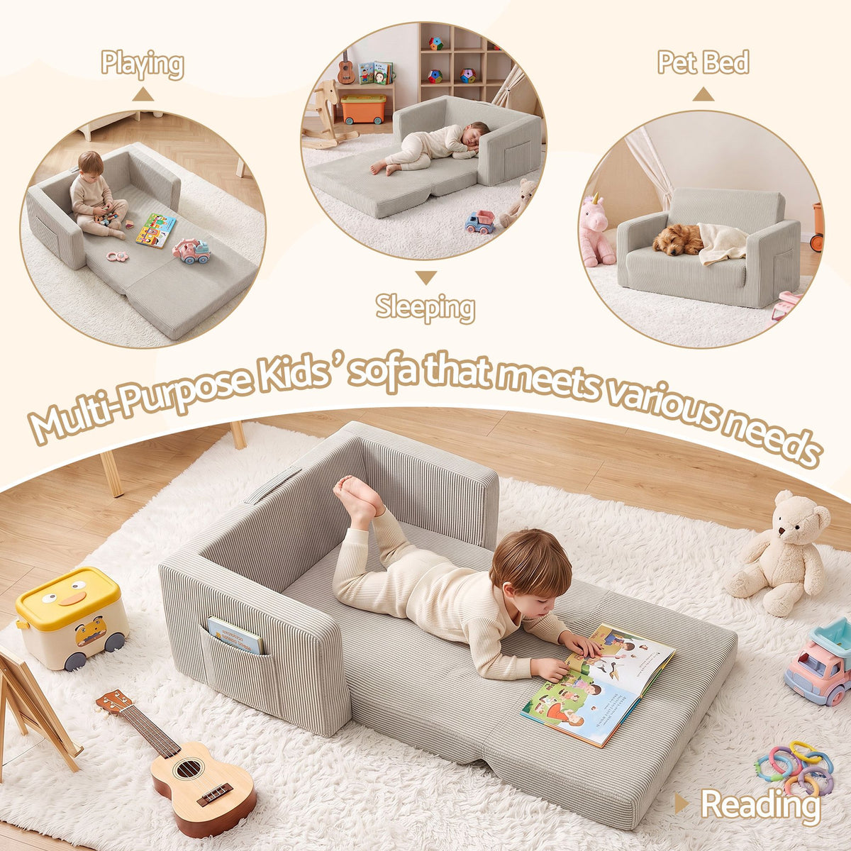 Artiss Two-in-One Kids' Foam Sofa with Side Pocket – Light Grey