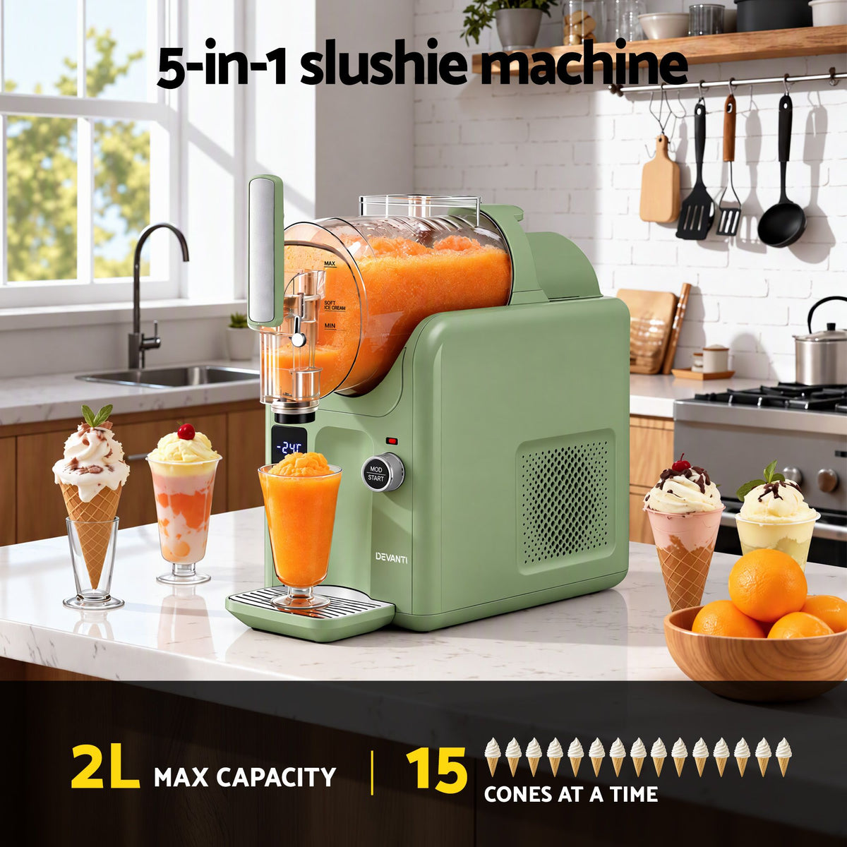 Devanti 5-in-1 Slushie & Ice Cream Maker, 2L - Sage Green