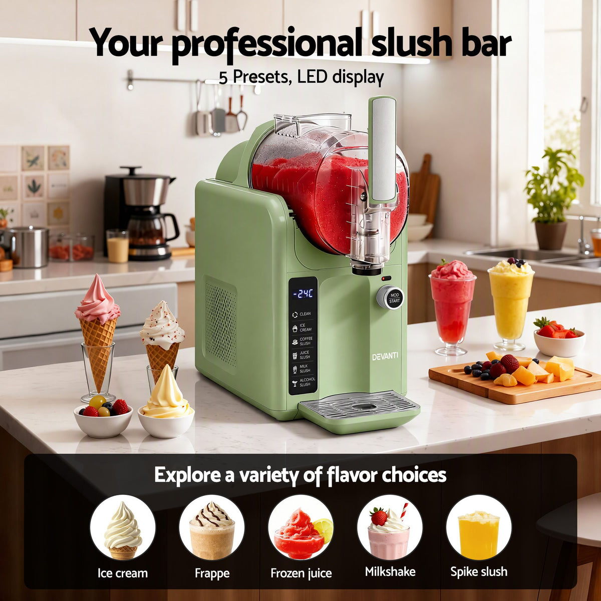 Devanti 5-in-1 Slushie & Ice Cream Maker, 2L - Sage Green