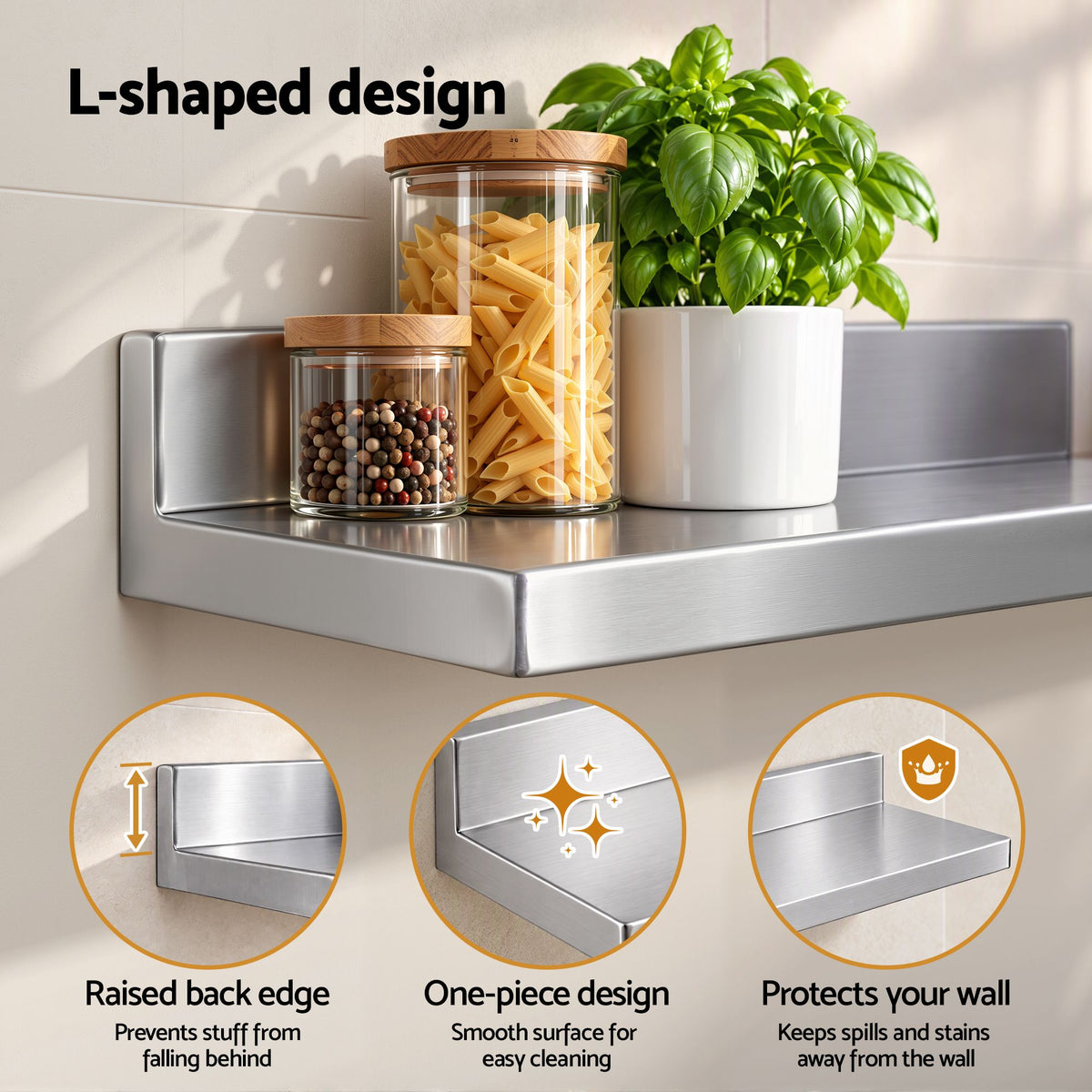 Cefito 610 x 220mm 430 Stainless Steel L-Shaped Kitchen Wall Shelf — product image 5 of 11