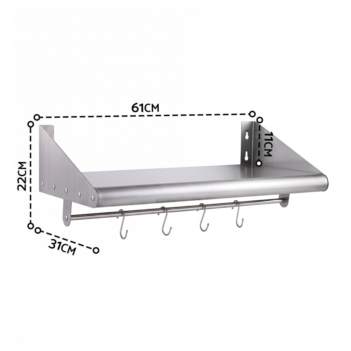 Cefito 610mm 430 Stainless Steel Wall Shelf with Hooks and Side Guards — product image 3 of 11