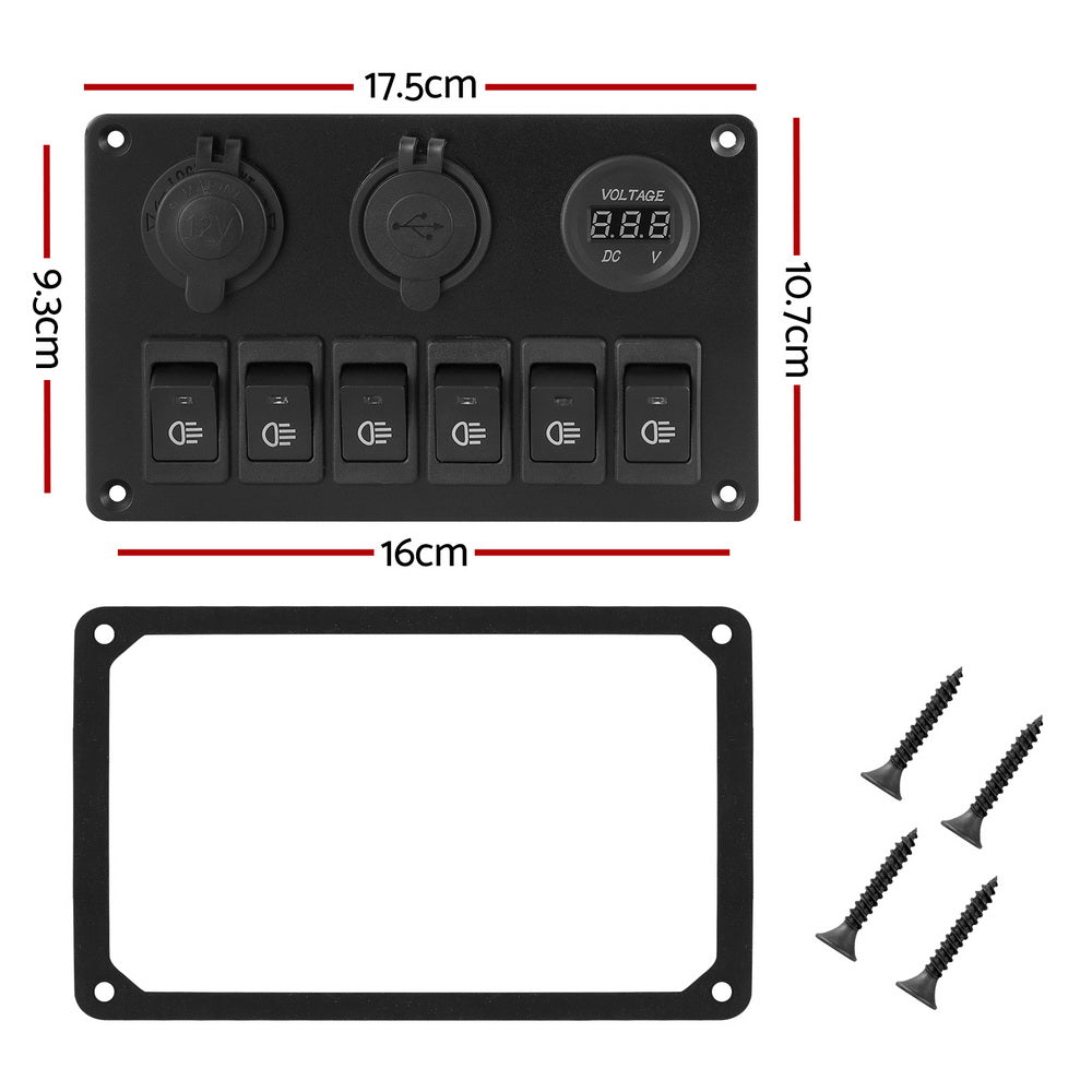 Giantz 6 Gang 12V Switch Panel For Car Boat Marine USB ON-OFF LED Rocker Toggle — product image 2