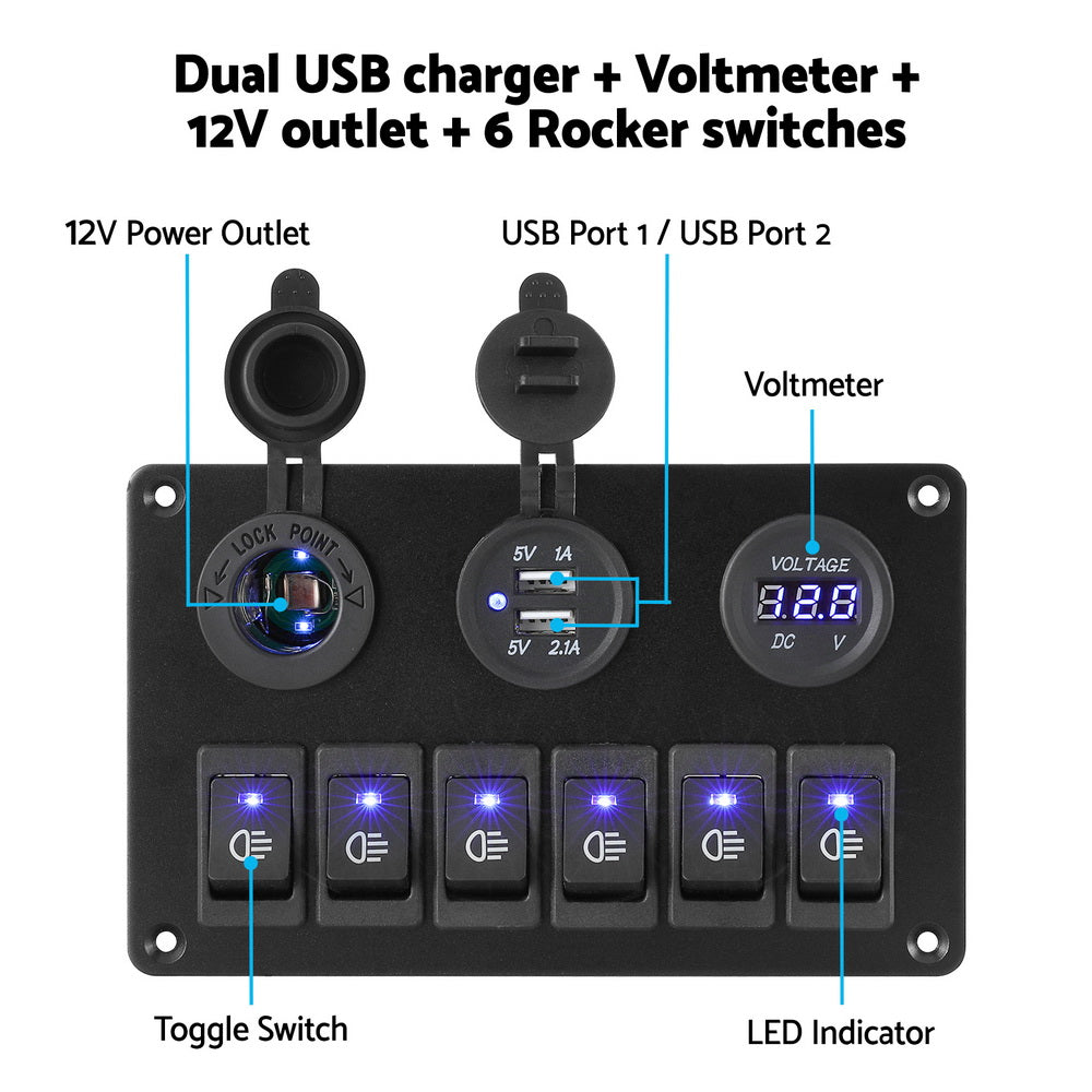 Giantz 6 Gang 12V Switch Panel For Car Boat Marine USB ON-OFF LED Rocker Toggle — product image 4