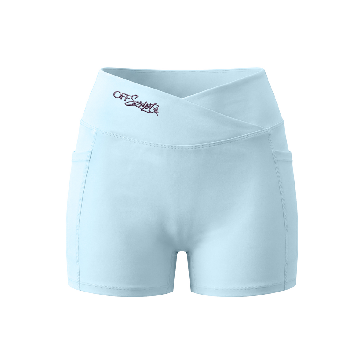 Women’s High Rise Pocket Yoga Shorts - Sky Blue - front 3D mockup