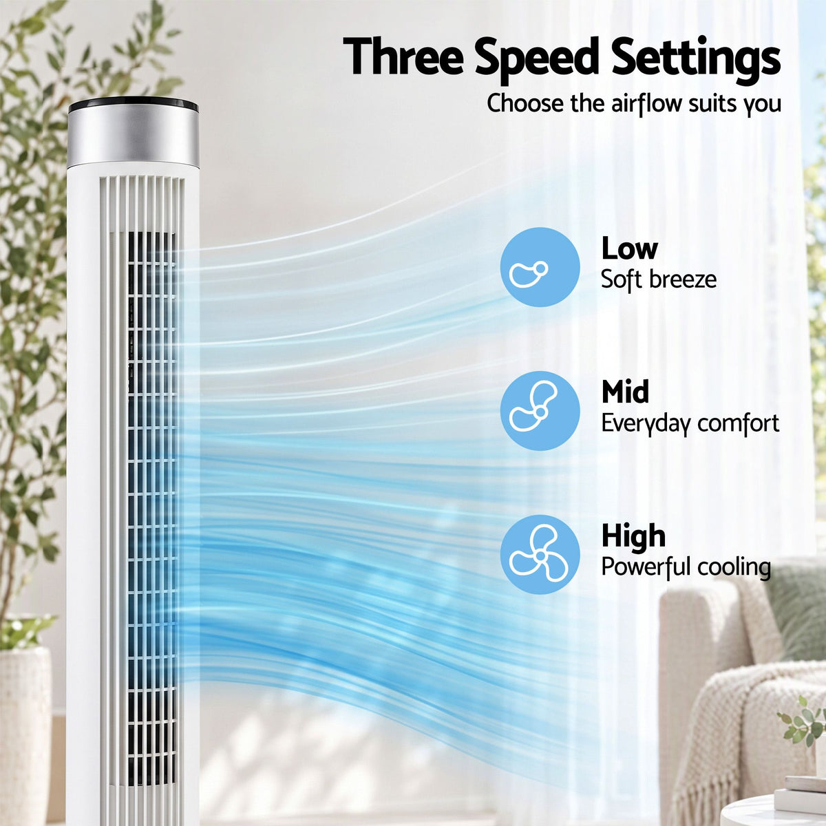 Devanti Tower Fan with Remote, 3 Speeds, 3 Modes & 7.5-Hour Timer - White