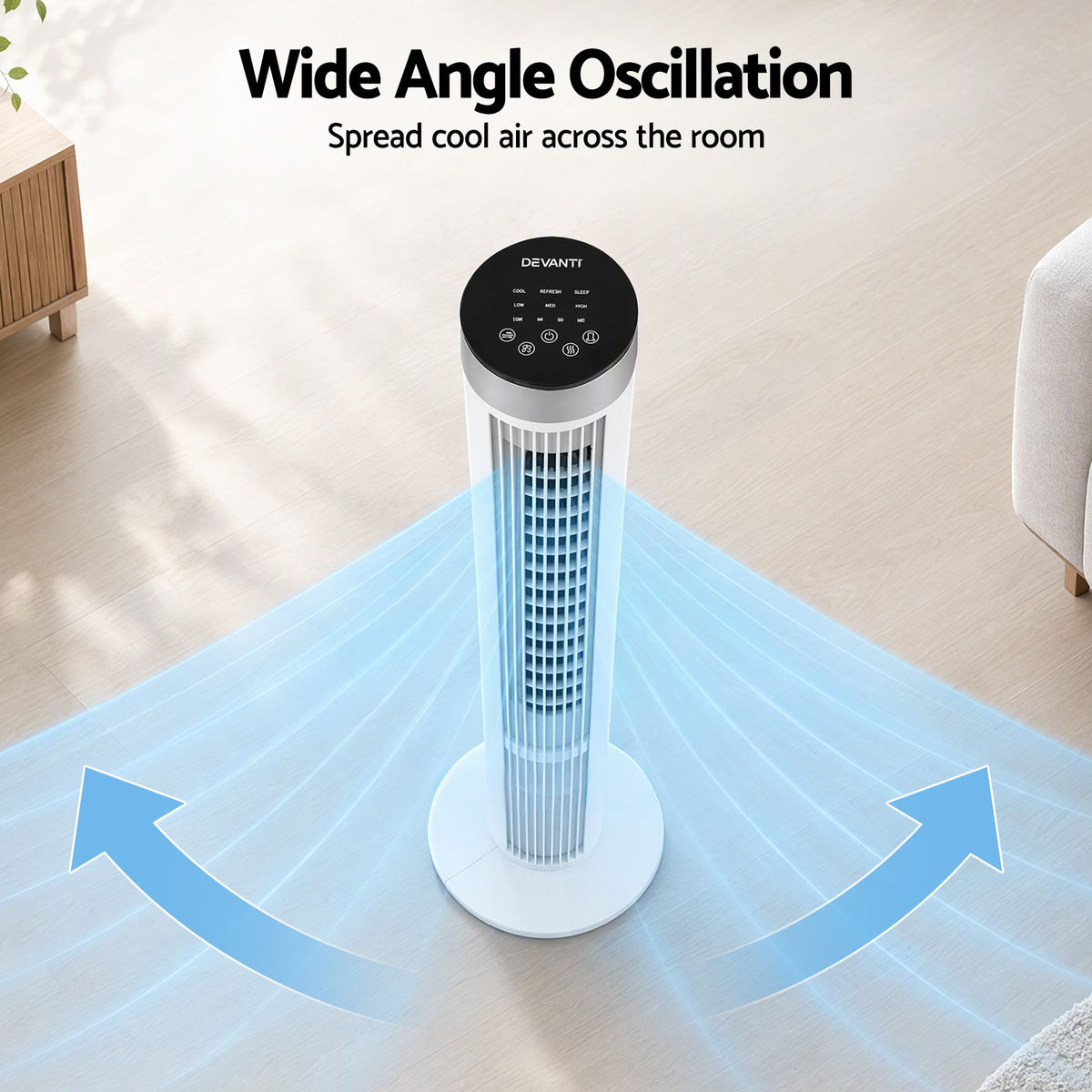 Devanti Tower Fan with Remote, 3 Speeds, 3 Modes & 7.5-Hour Timer - White