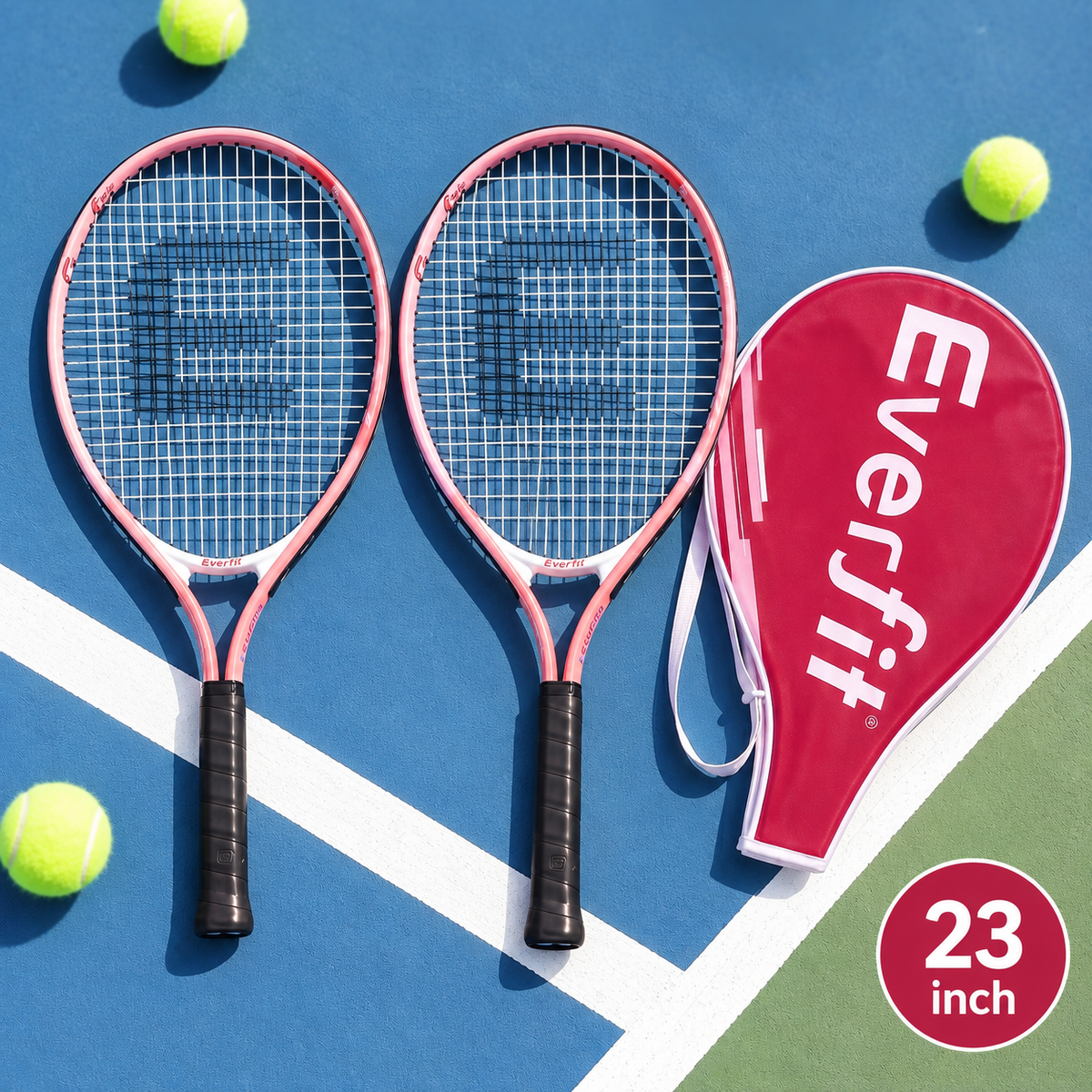 Everfit 23 Inch Tennis Racket Set of 2 Pack Lightweight Cushioned Grip Pink