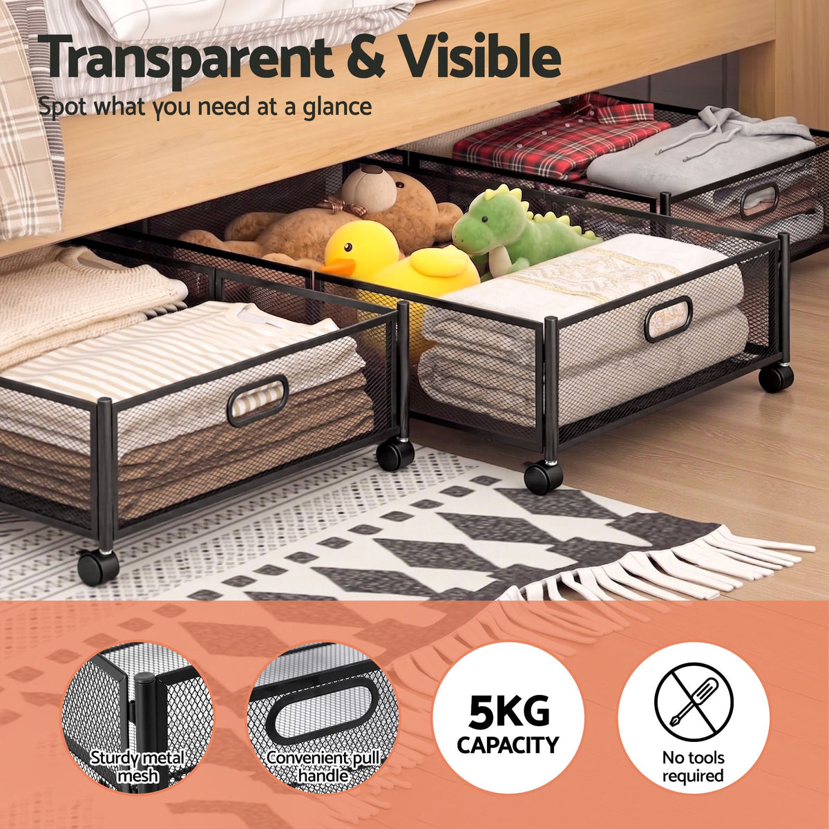 Artiss Rolling Under-Bed Metal Storage Containers – Set of 4