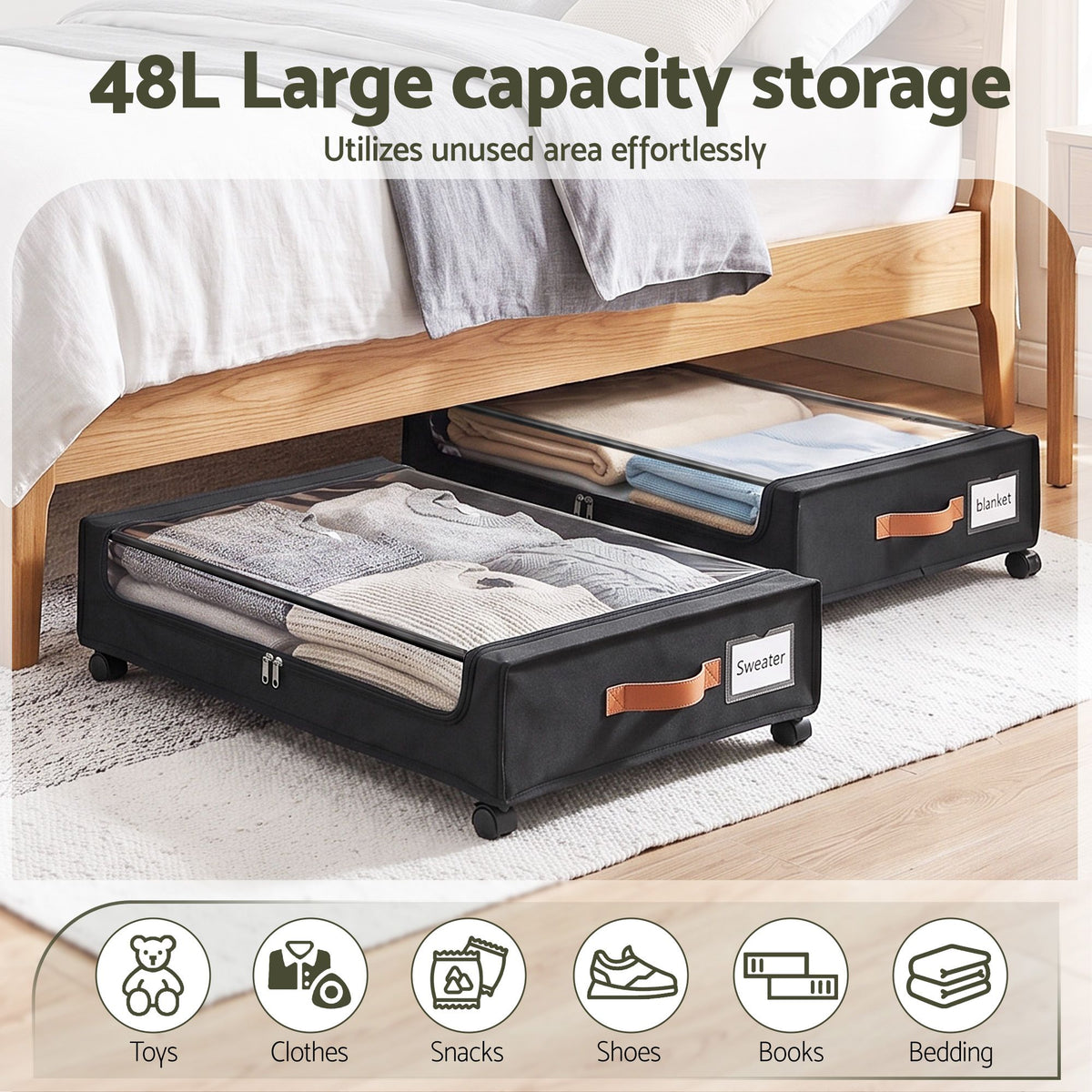 Artiss Rolling 48L Under-Bed Storage Containers – 2-Pack, Black