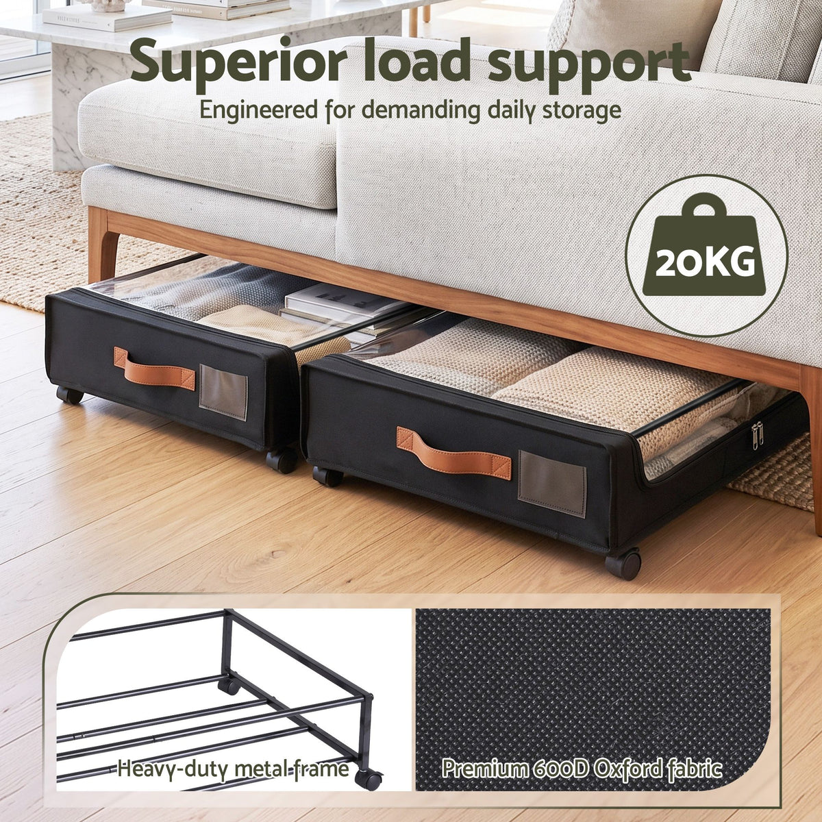 Artiss Rolling 48L Under-Bed Storage Containers – 2-Pack, Black