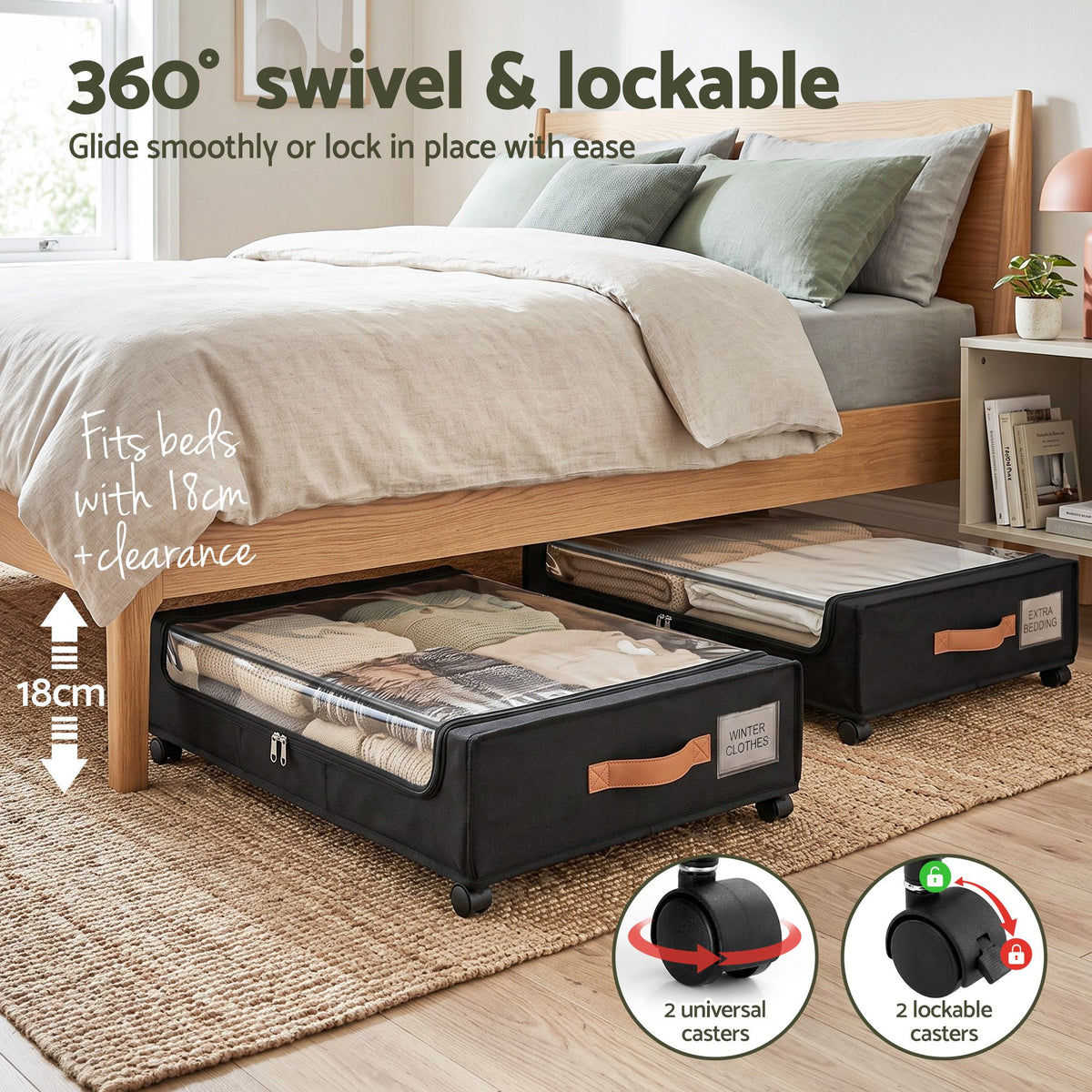 Artiss Rolling 48L Under-Bed Storage Containers – 2-Pack, Black