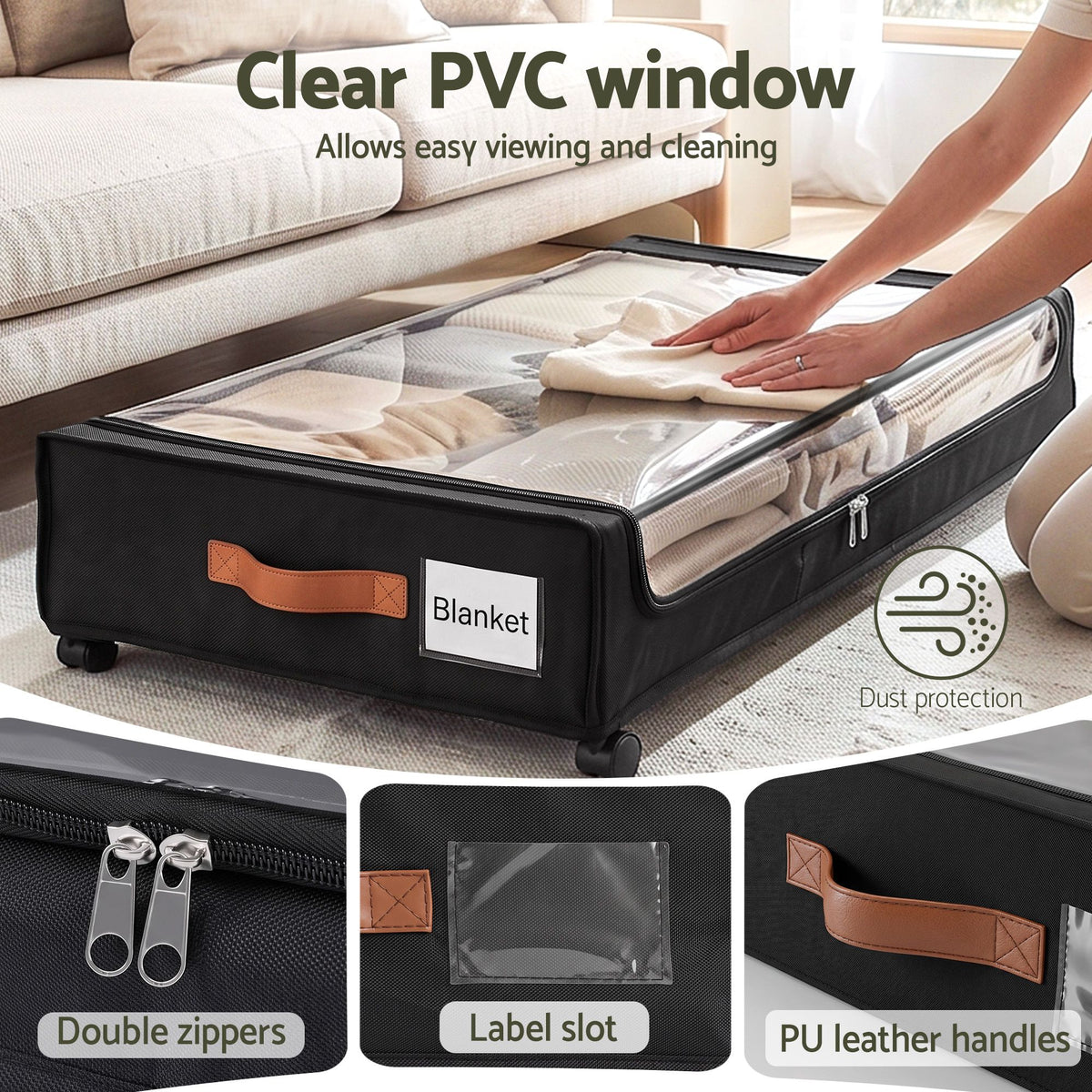 Artiss Rolling 48L Under-Bed Storage Containers – 2-Pack, Black