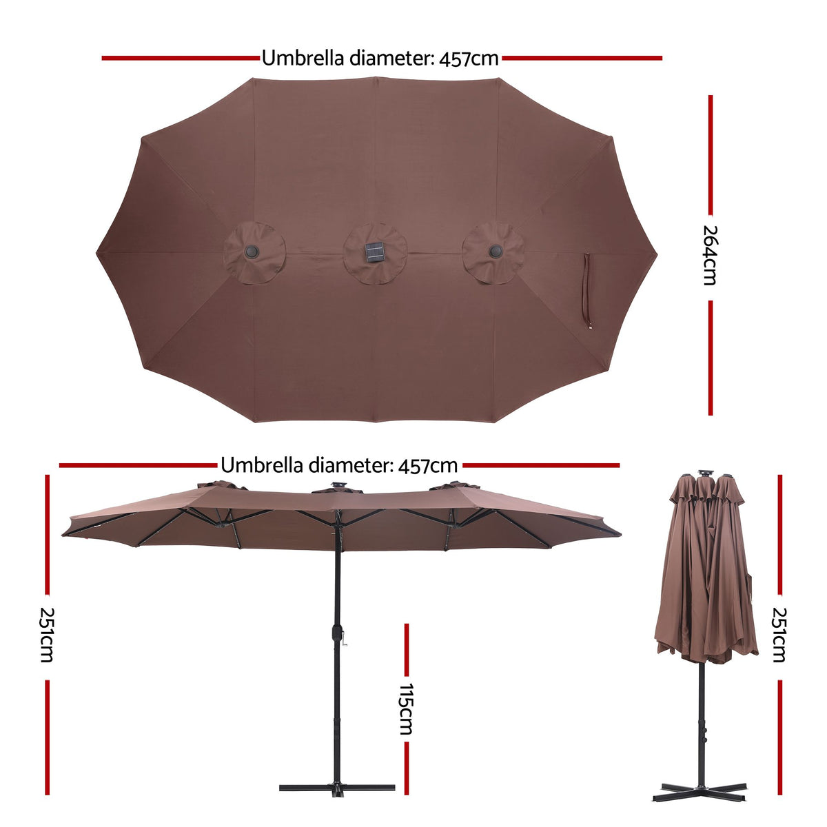 Instahut Brown Solar LED Double-Sided Patio Umbrella – 4.57 m, 48 LEDs — product image 2 of 10