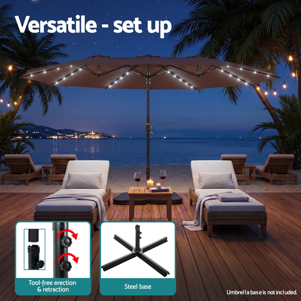 Instahut Brown Solar LED Double-Sided Patio Umbrella – 4.57 m, 48 LEDs — product image 6 of 10