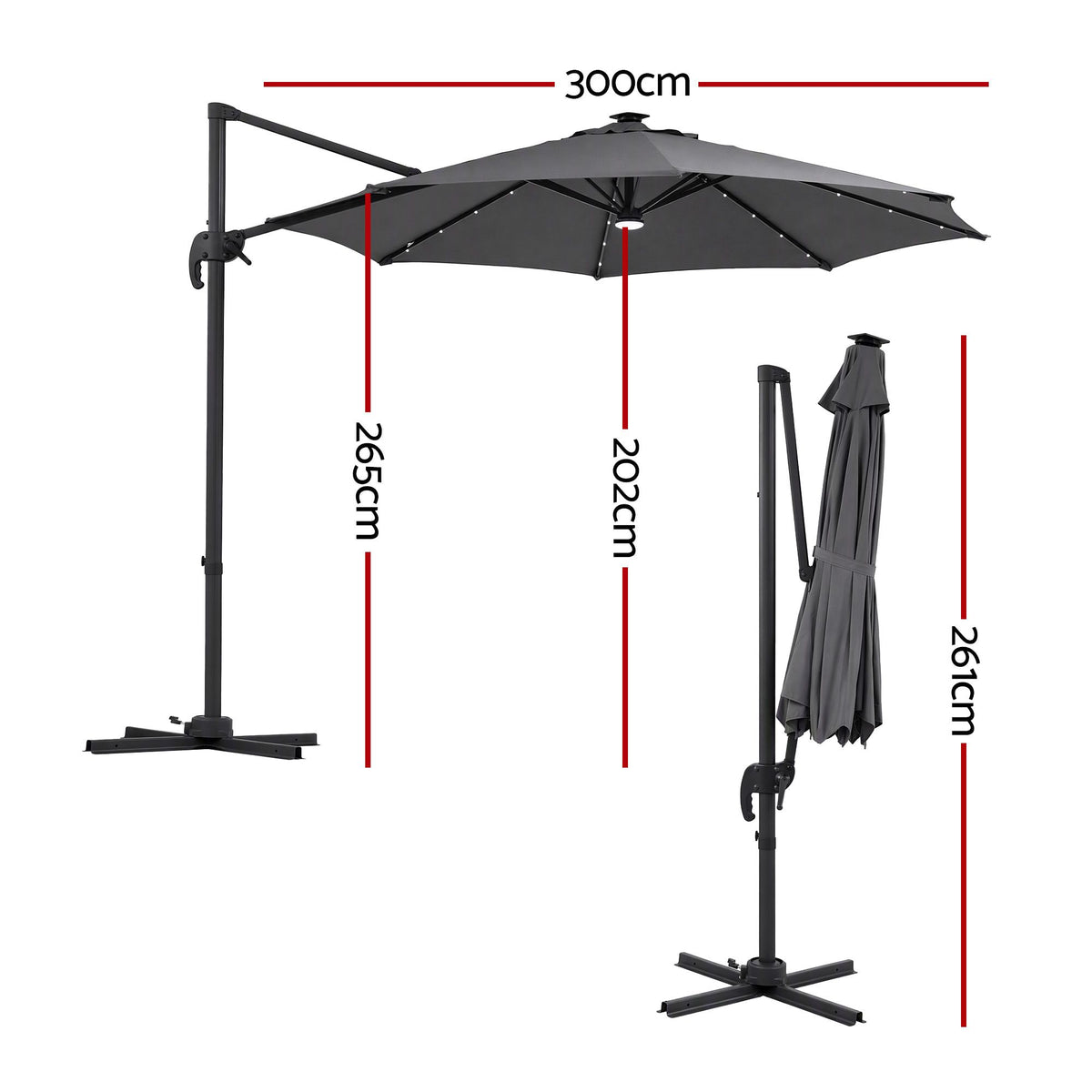 Instahut Charcoal Rotating Solar LED Cantilever Umbrella – 3 m — product image 2 of 10