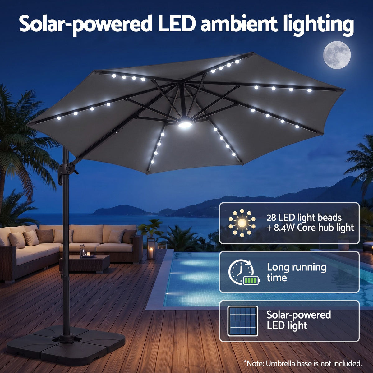 Instahut Charcoal Rotating Solar LED Cantilever Umbrella – 3 m — product image 4 of 10