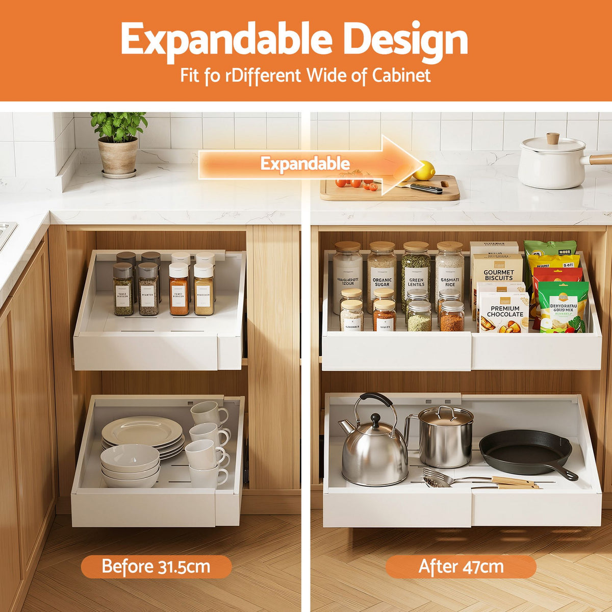 Artiss Expandable Pull-Out Cabinet Organisers – Set of 2, White