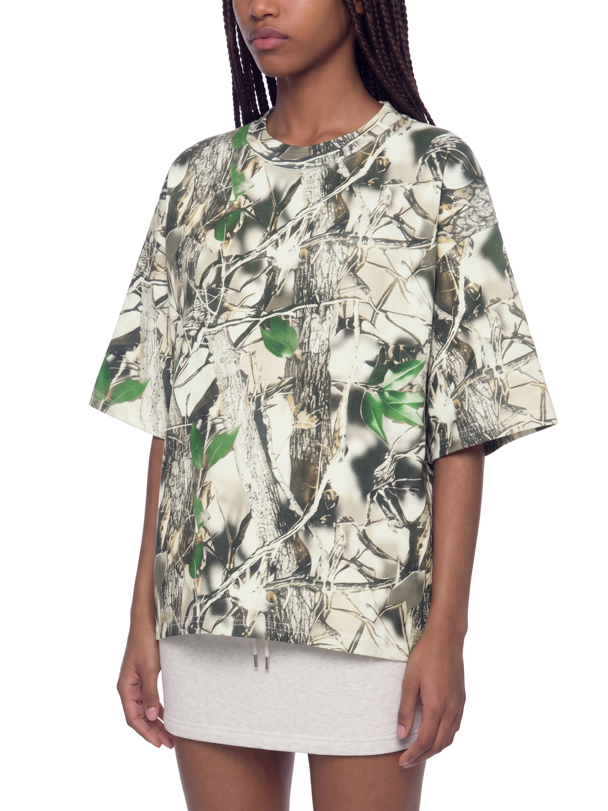 Unisex Tree Camo Boxy T-Shirt on female model front angle