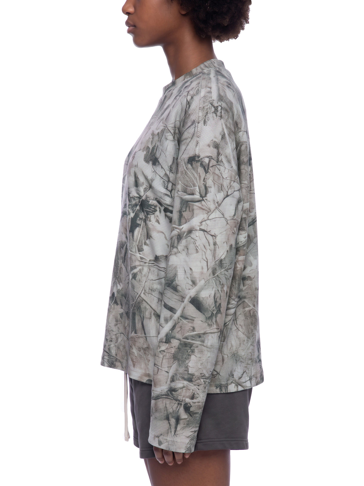 Unisex Tree Camo Waffle T-Shirt on female model side view