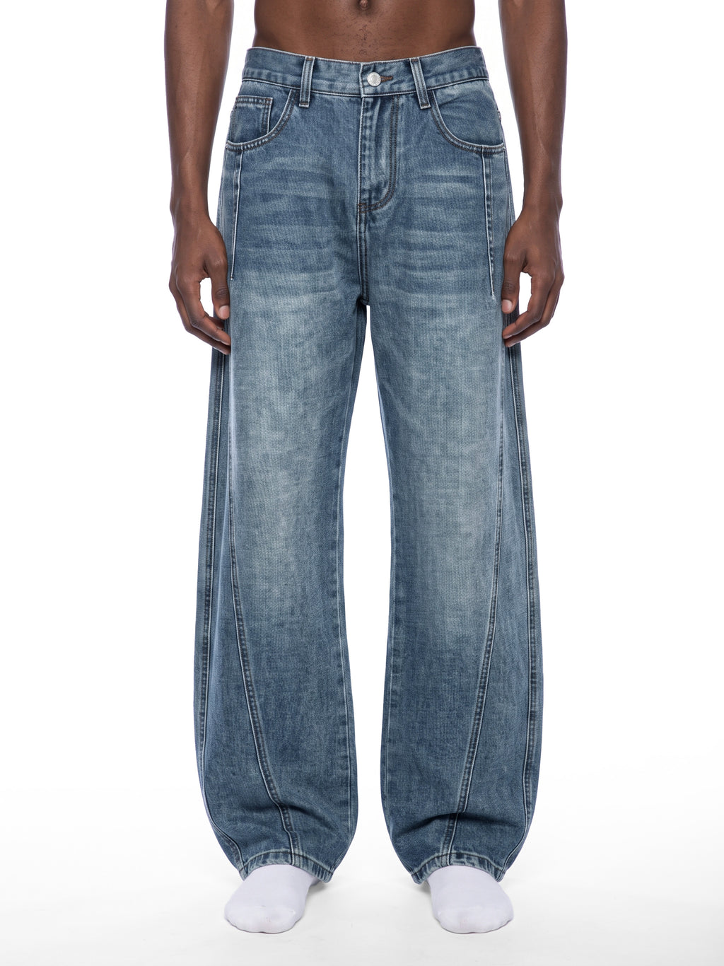 Unisex Vintage Wash Barrel Leg Denim Jeans 3