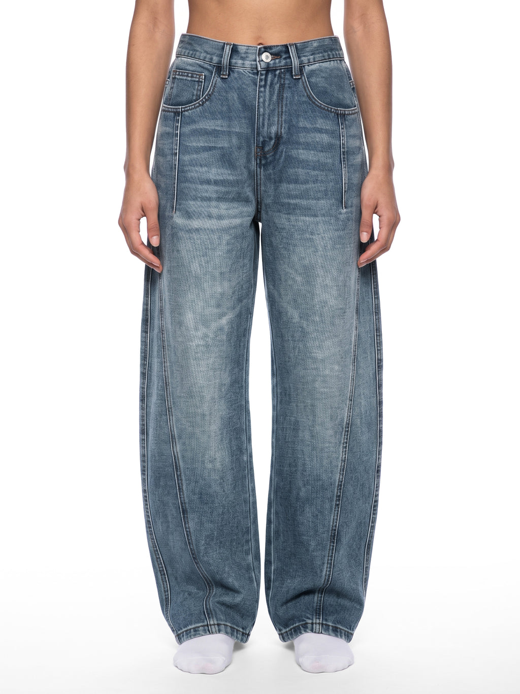 Unisex Vintage Wash Barrel Leg Denim Jeans 8