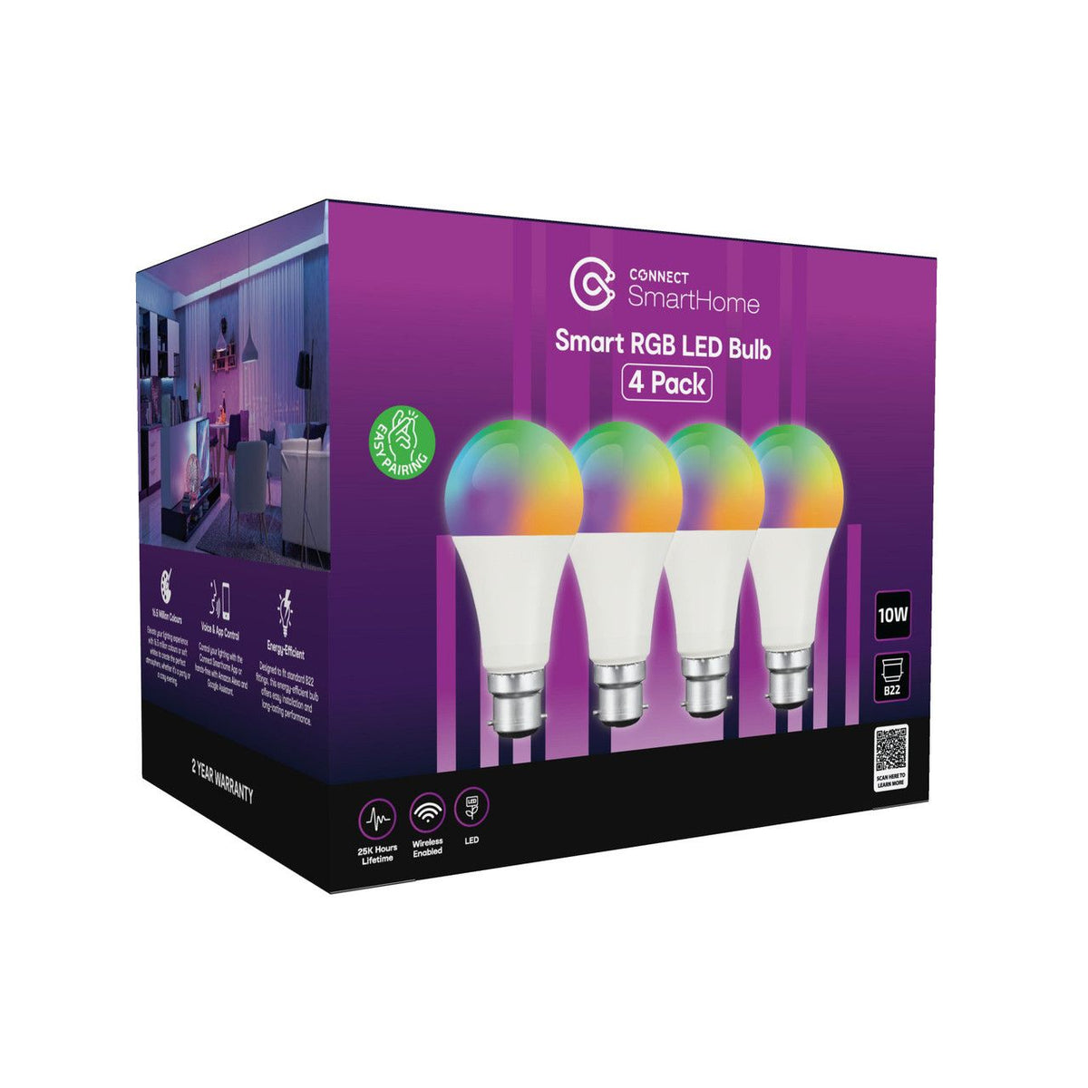 Connect Smart 4 Pack 10W B22 RGB LED Light Bulb