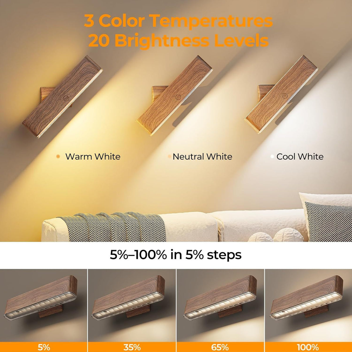 Rechargeable Magnetic LED Wall Sconces – Walnut, Pair — product image 5 of 9