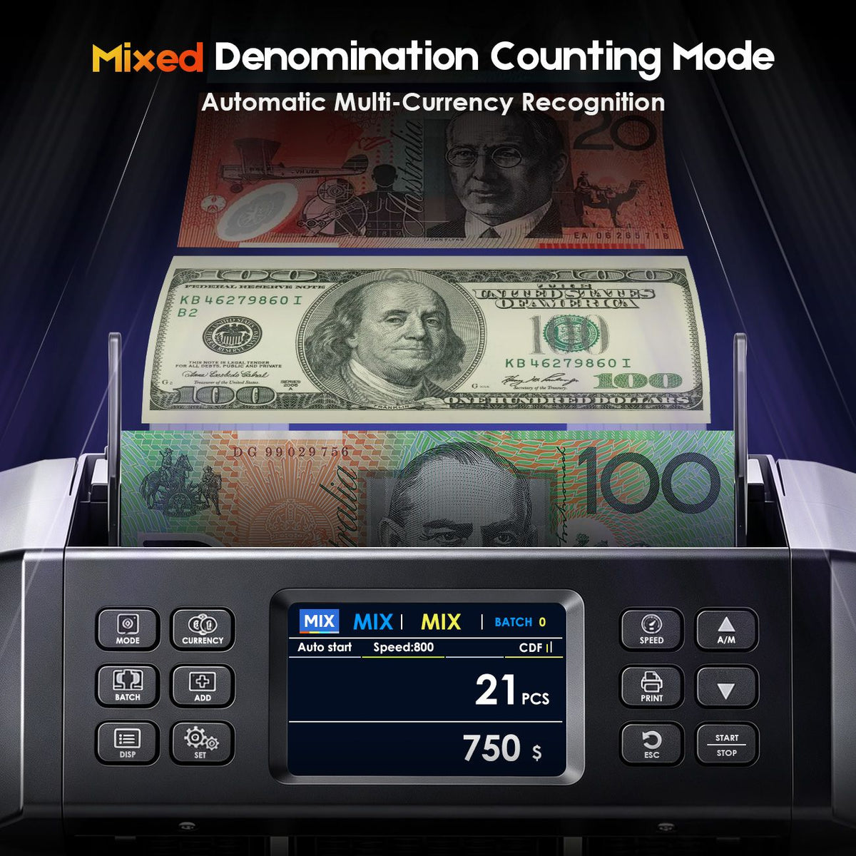 Dual CIS Money Counter with Counterfeit Detection, Mixed Value Bill Counter, 14 Currency Cash Counting… — product photo 3