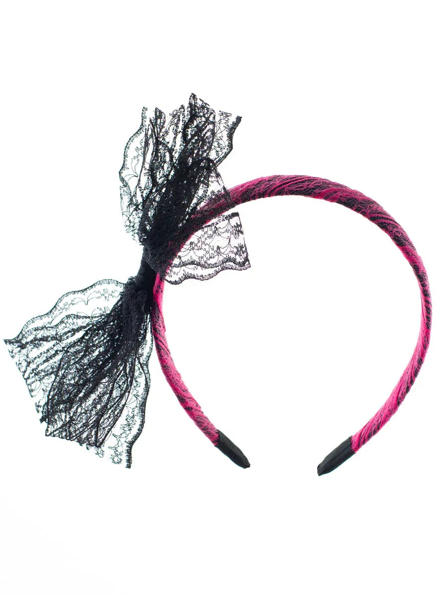 1980s Neon Pink Lace Costume Headband – Black Bow — product image 1 of 1