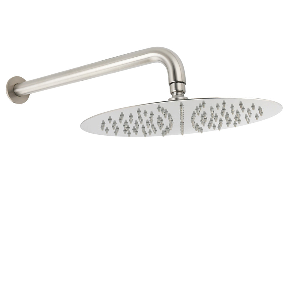 WELS Brushed Nickel 12″ Round Rain Shower Head with Wall Arm — product image 1 of 4
