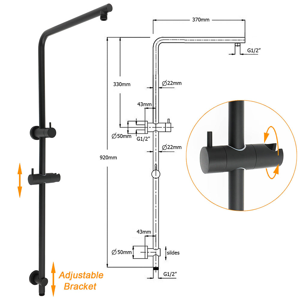 Matt Black 10" Shower Rain Head & Handheld Slide Wall Arm Rail Dual Bath Set — product image 3 of 8