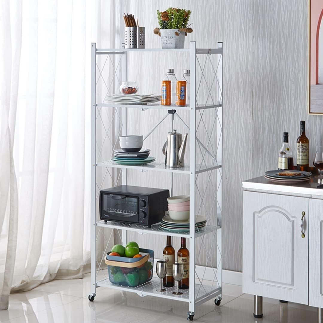 CARLA HOME 5-Tier Foldable Storage Shelf with Wheels for Kitchen, Garage, Pantry or Basement (White)