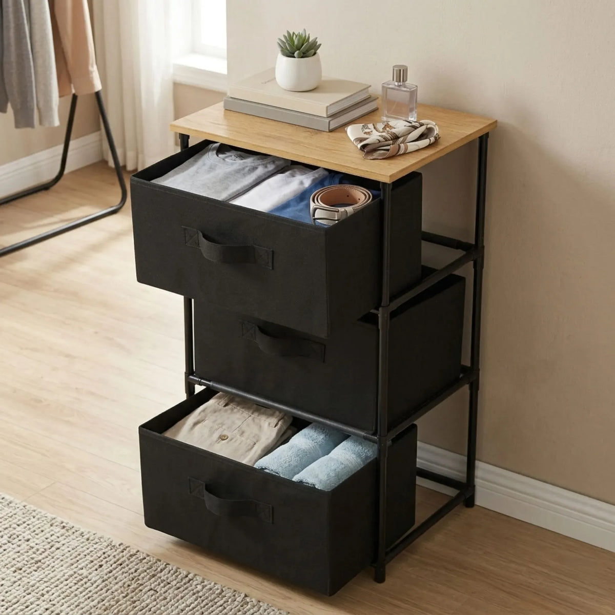 CARLA HOME 3-Drawer Fabric Storage Dresser – Black