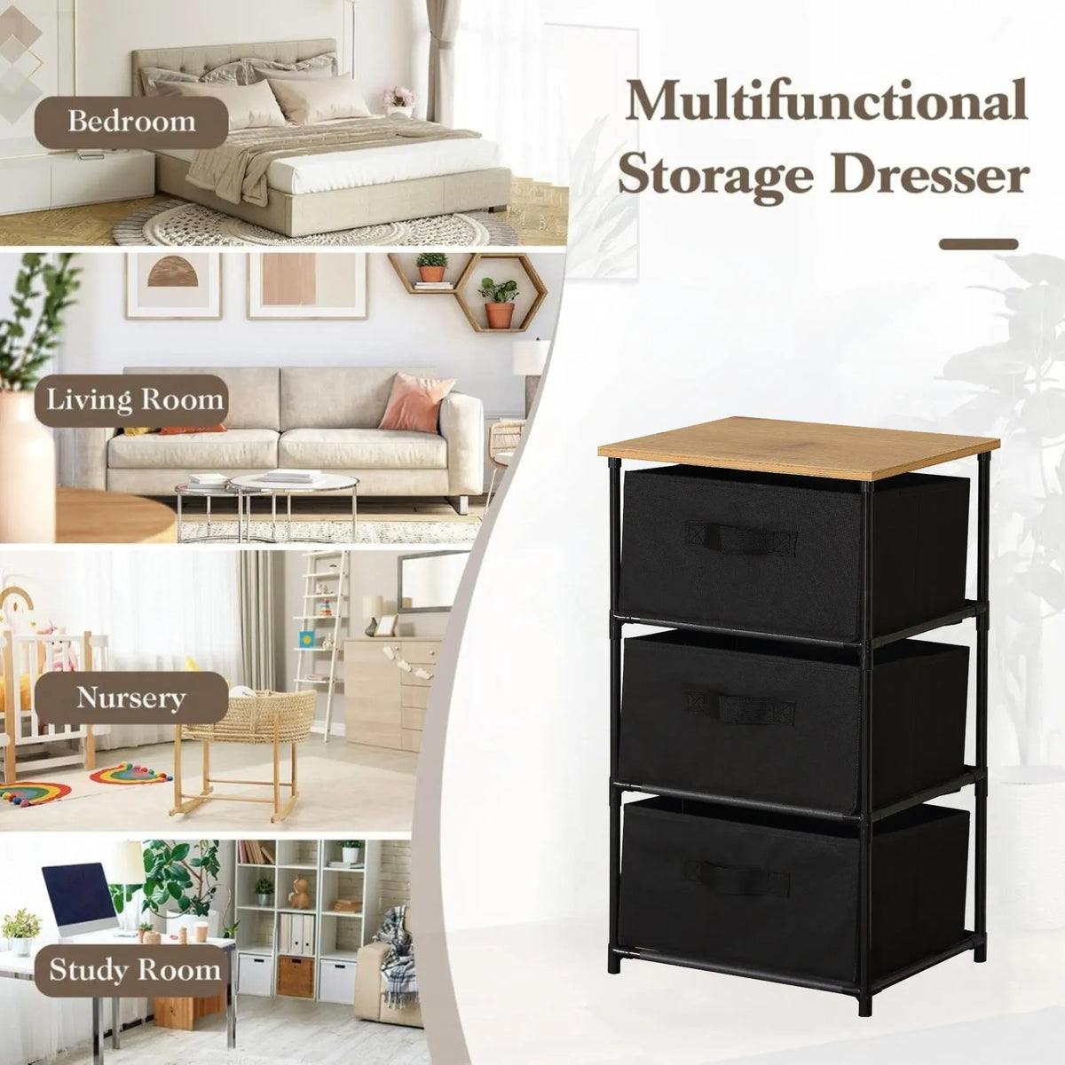 CARLA HOME 3-Drawer Fabric Storage Dresser – Black