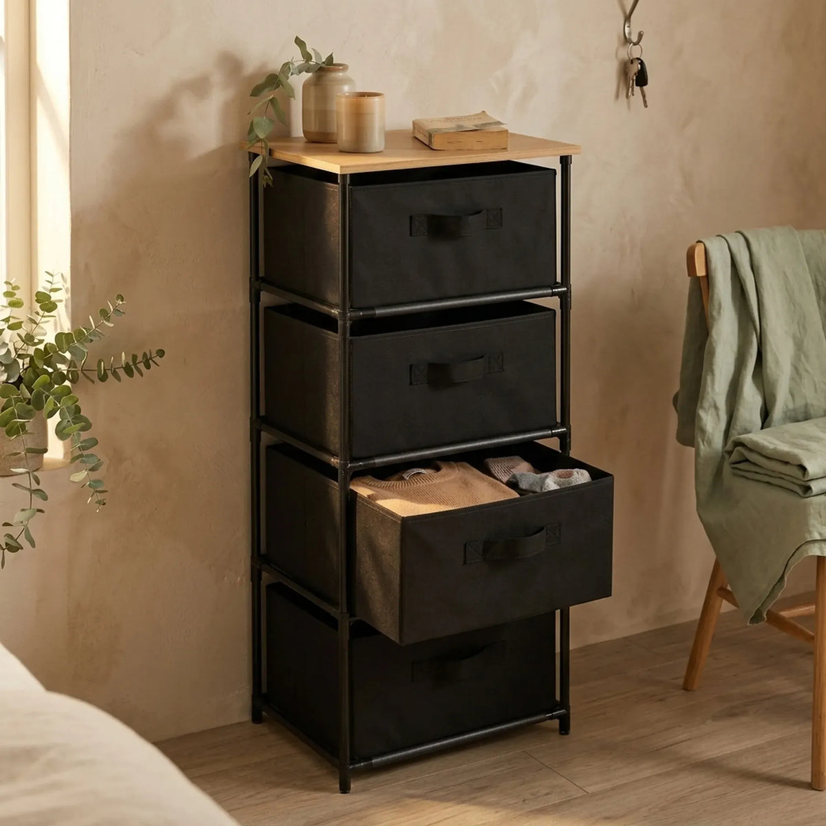 CARLA HOME 4-Drawer Fabric Storage Dresser – Black