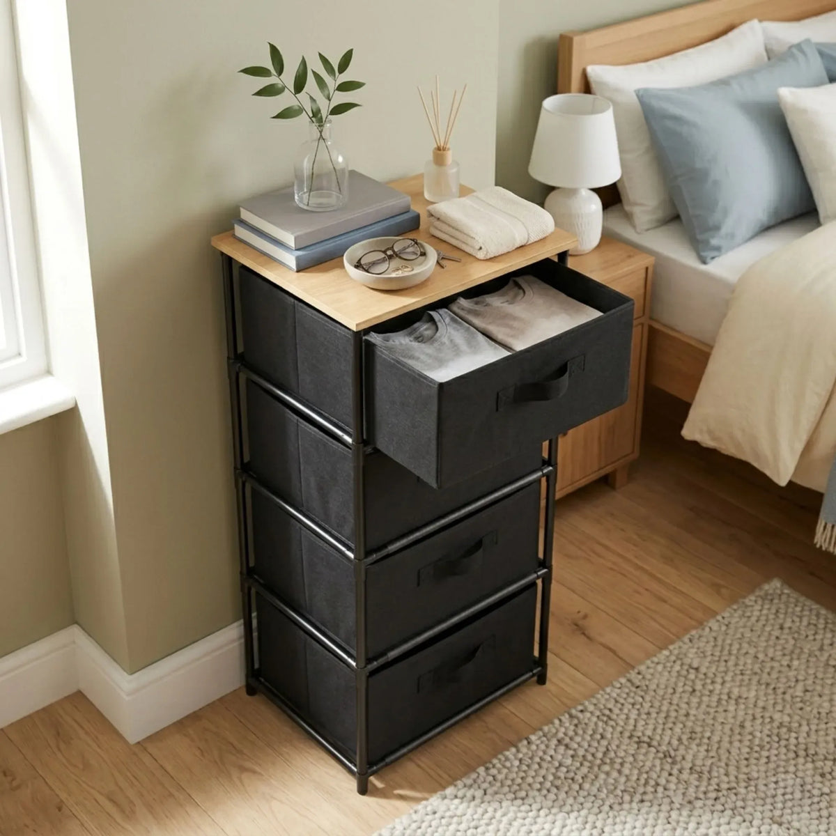 CARLA HOME 4-Drawer Fabric Storage Dresser – Black
