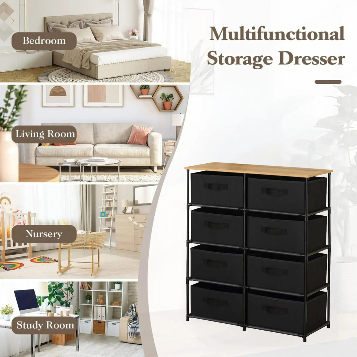 CARLA HOME 8-Drawer Fabric Storage Dresser – Black