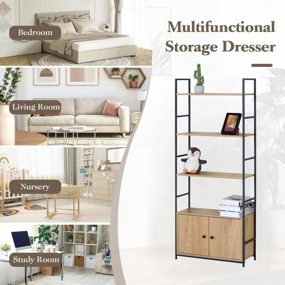 CARLA HOME Bookcase with Cabinet - 4 - Shelf Storage - Oak - Brown - Storage Cabinet