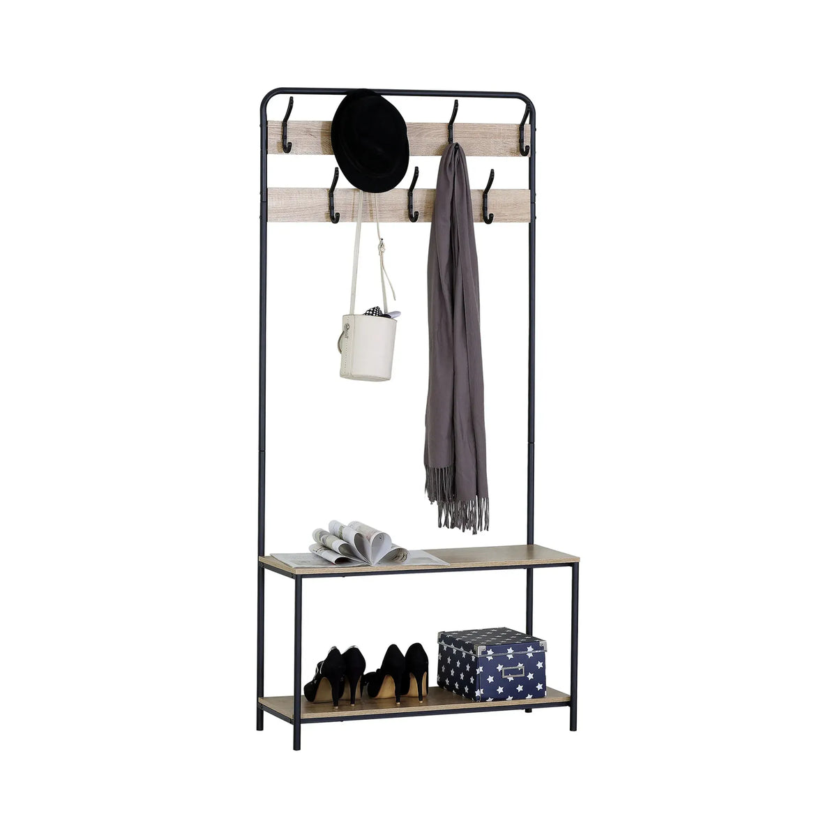 CARLA HOME Hall Tree Coat Rack with Bench - 8 Hooks - Brown - Rustic - Garment Rack