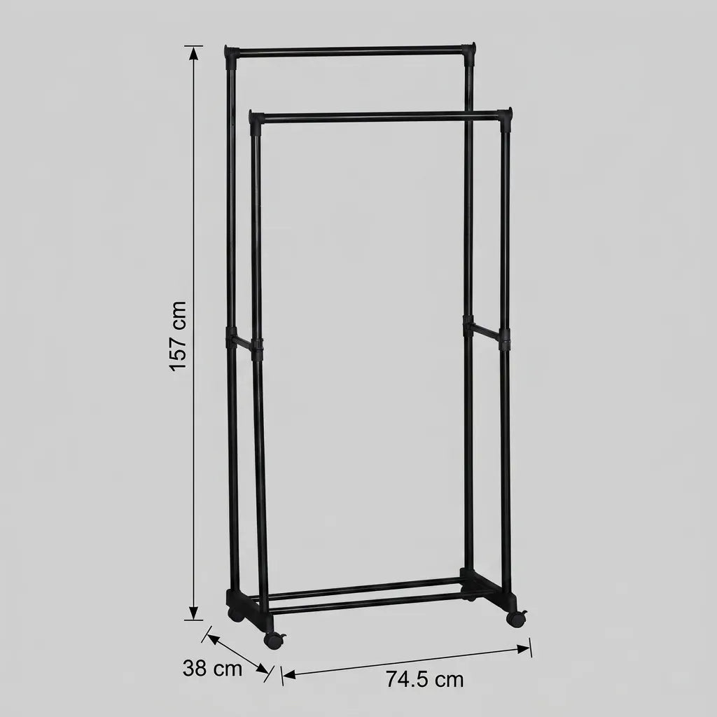 CARLA HOME Double Rod Garment Rack with Wheels - Black - Basic - Steel - Double Rod Clothes