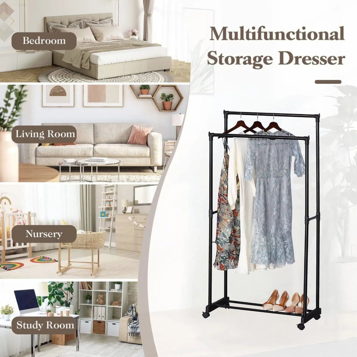 CARLA HOME Double Rod Garment Rack with Wheels - Black - Basic - Steel - Double Rod Clothes