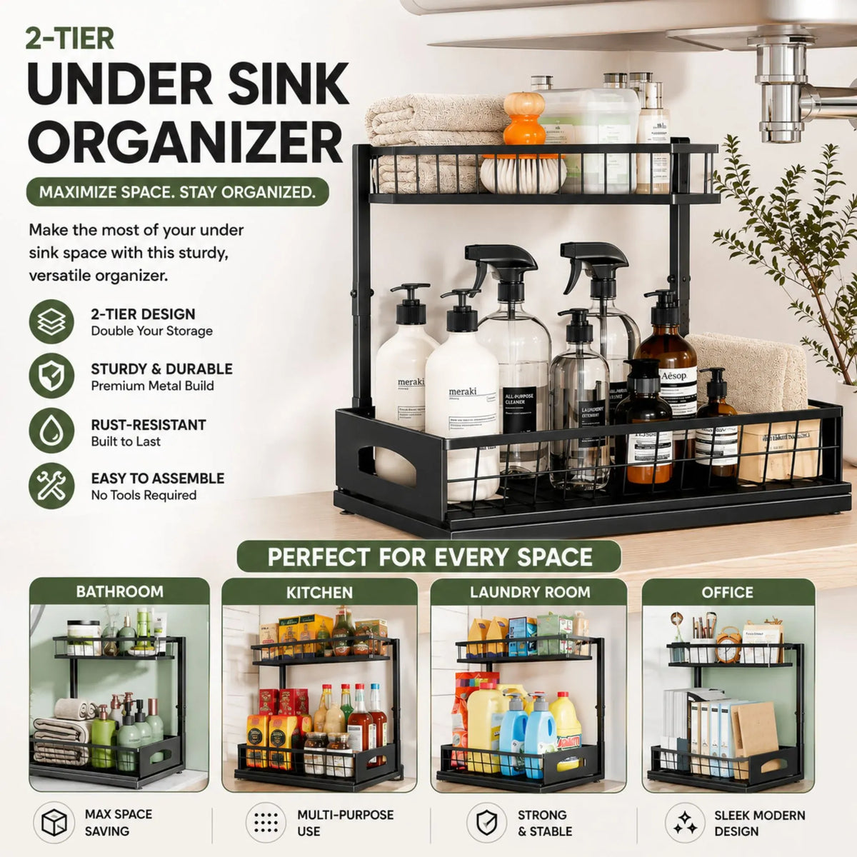 Carla Home Adjustable Under-Sink Organisers with Sliding Drawers – Black, 2-Pack — product image 3 of 10