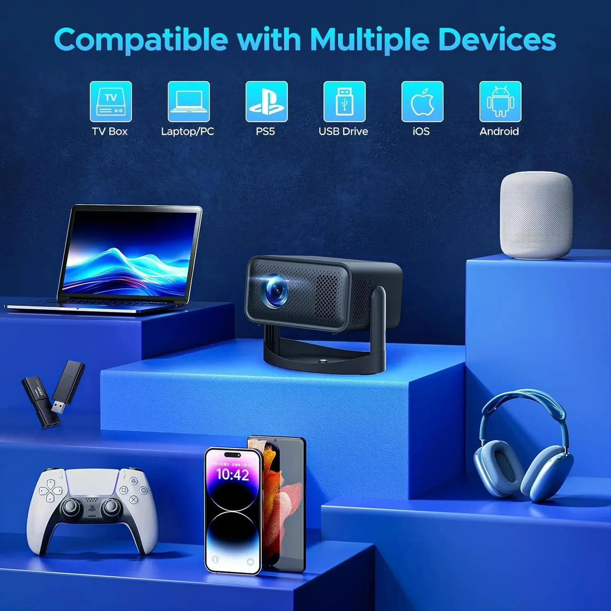 5G 4K Mini Projector Black with WiFi 6, Bluetooth, HDMI, USB, Android 11, 720P Resolution — product image 2