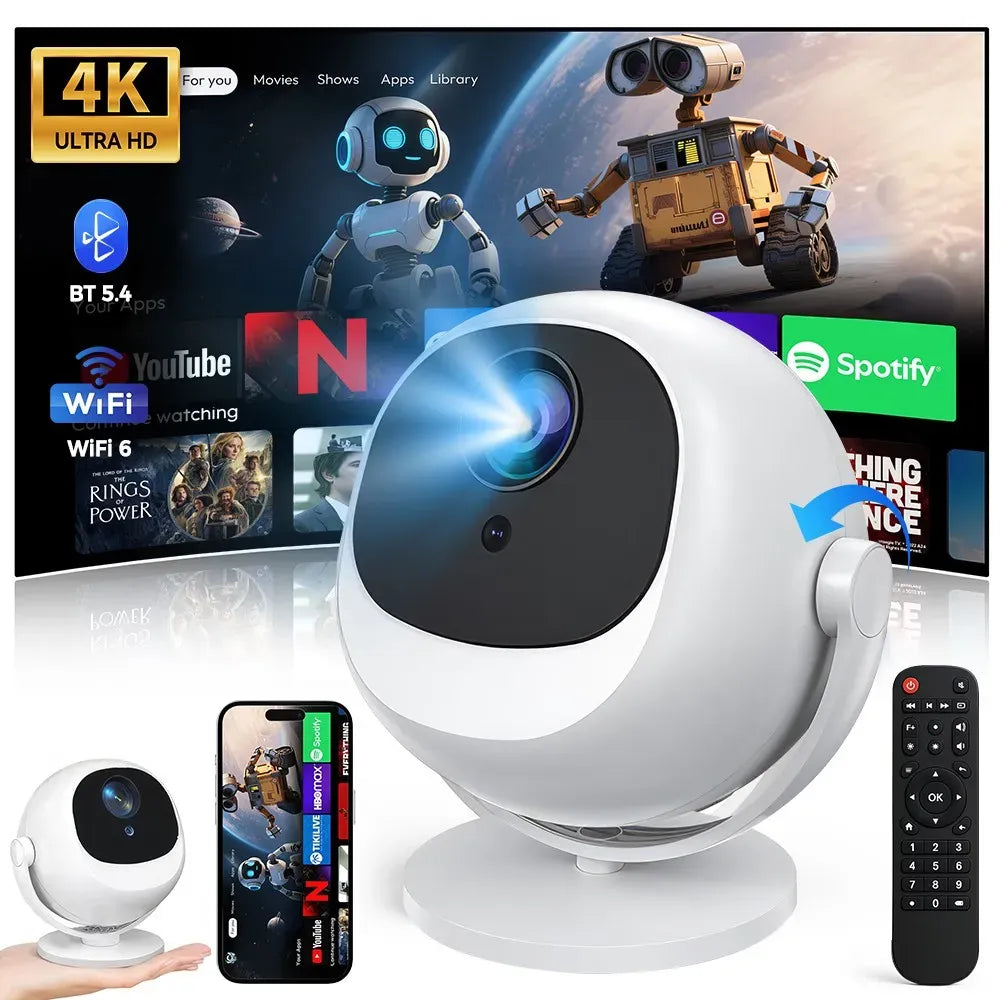 White 5G 4K Smart LED Projector in Black with Bluetooth and WiFi for Home Theater — product image 2
