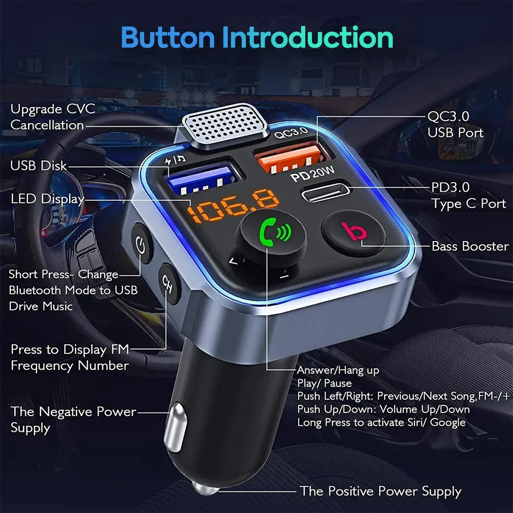 Bluetooth 5.0 FM Transmitter Car Adapter with PD 20W Fast Charger and Dual USB Ports in Black — product photo 2