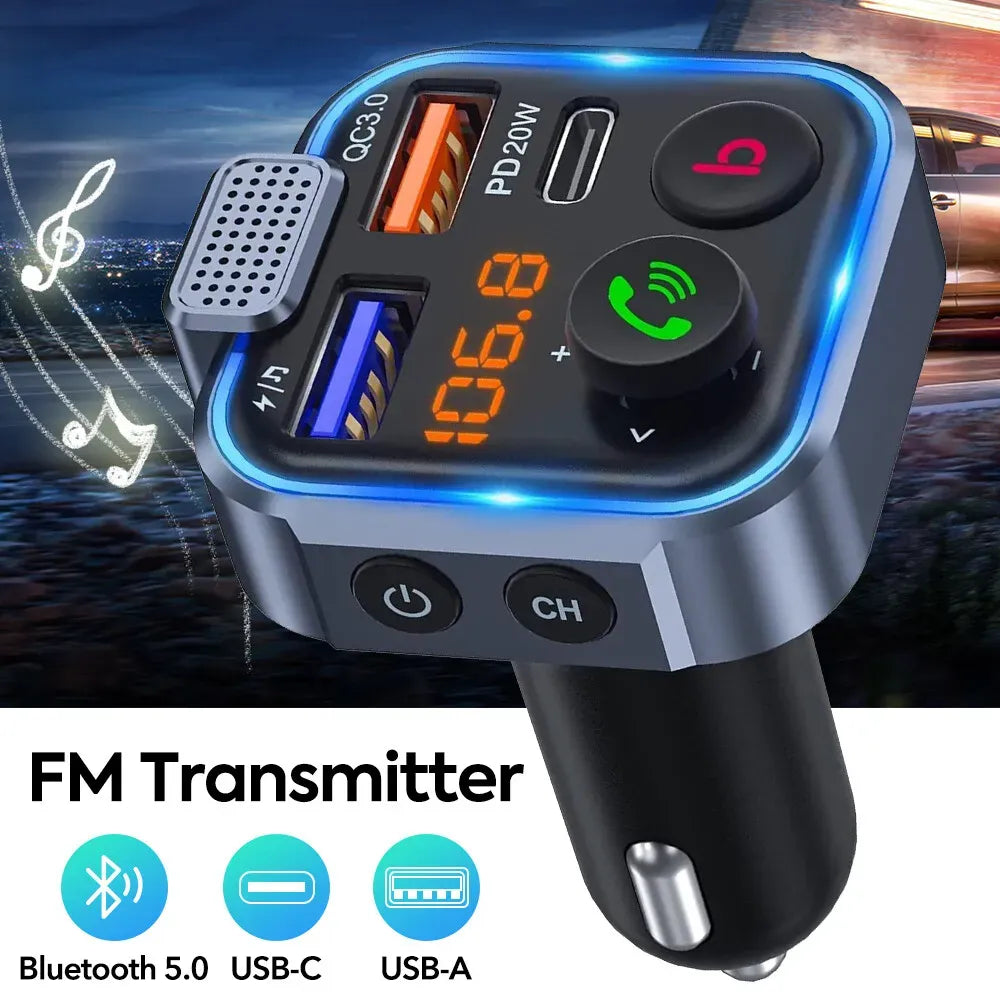 Bluetooth 5.0 FM Transmitter Car Adapter with PD 20W Fast Charger and Dual USB Ports in Black — product photo 3