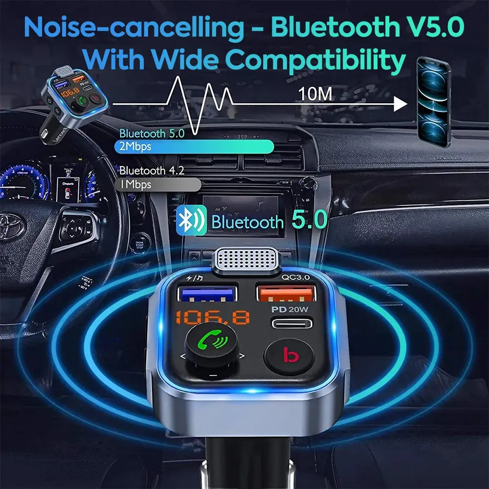 Bluetooth 5.0 FM Transmitter Car Adapter with PD 20W Fast Charger and Dual USB Ports in Black — product photo 4